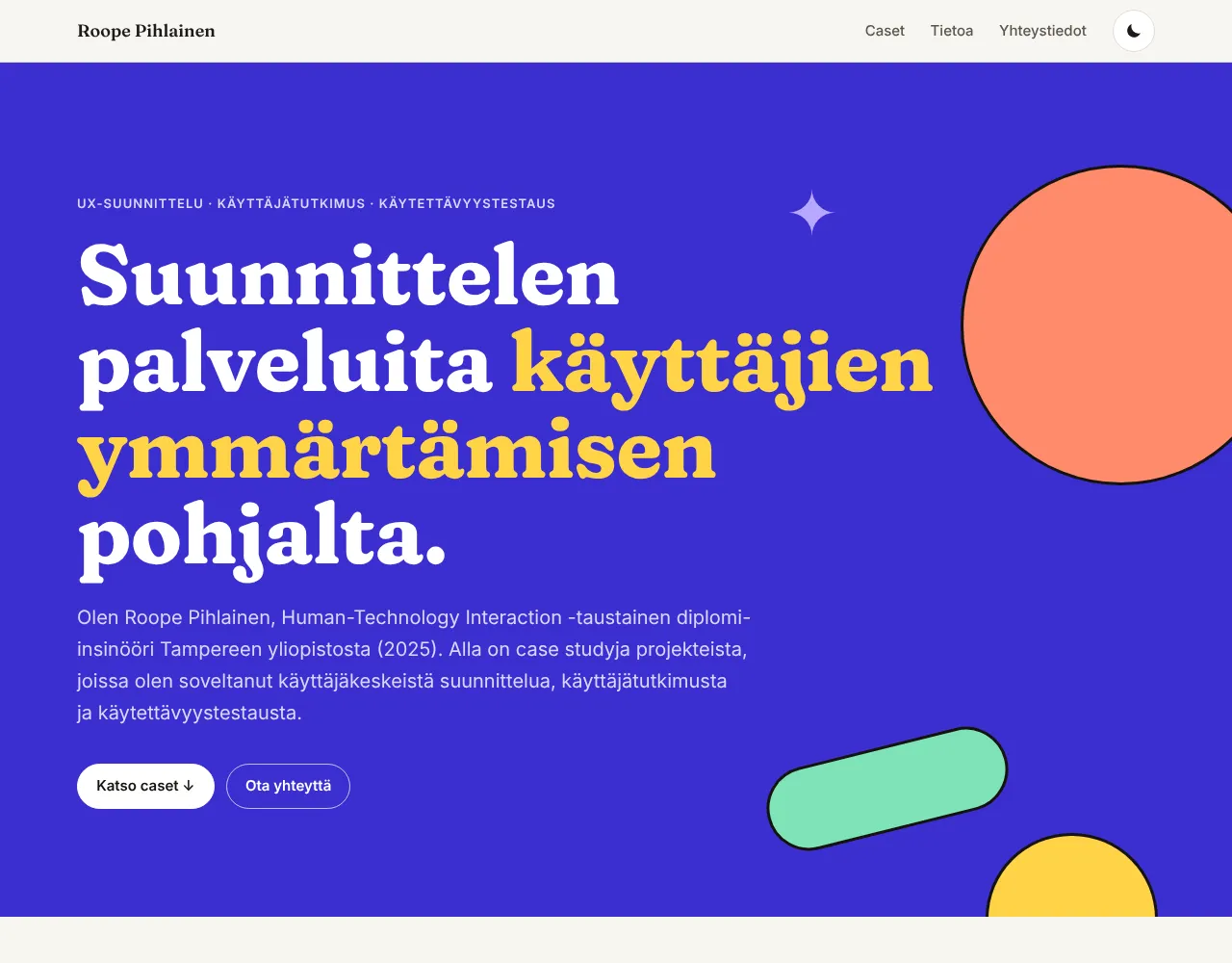 Uudistettu etusivu – indigo hero-alue värikkäine muotoineen ja casekortit, joissa jokaisella oma värinsä ja piirretty kansikuva.